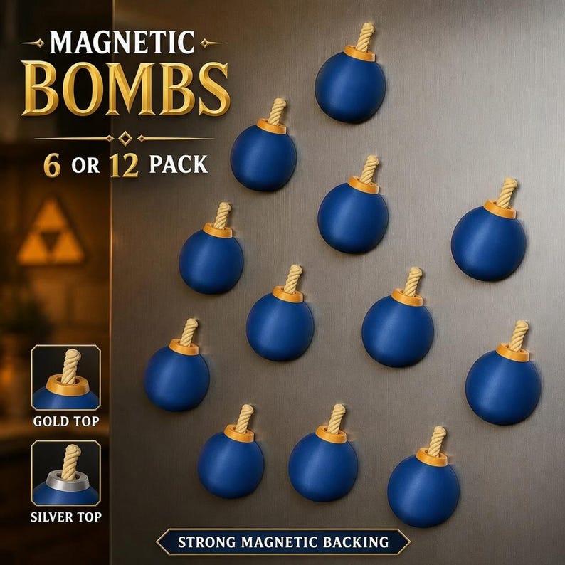 May include: A set of twelve spherical blue magnets with gold-coloured tops and textured rope-like fuses. The text reads MAGNETIC BOMBS 6 OR 12 PACK, GOLD TOP, SILVER TOP, and STRONG MAGNETIC BACKING. These items are arranged on a metallic surface.