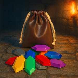 Könnte beinhalten: Ein brauner Lederbeutel mit cremefarbenem Kordelzug liegt auf einer Steinoberfläche. Um den Beutel herum liegen farbenfrohe, facettierte Spielsteine in Edelsteinform in Rot, Gelb, Grün, Blau, Lila und Grau.