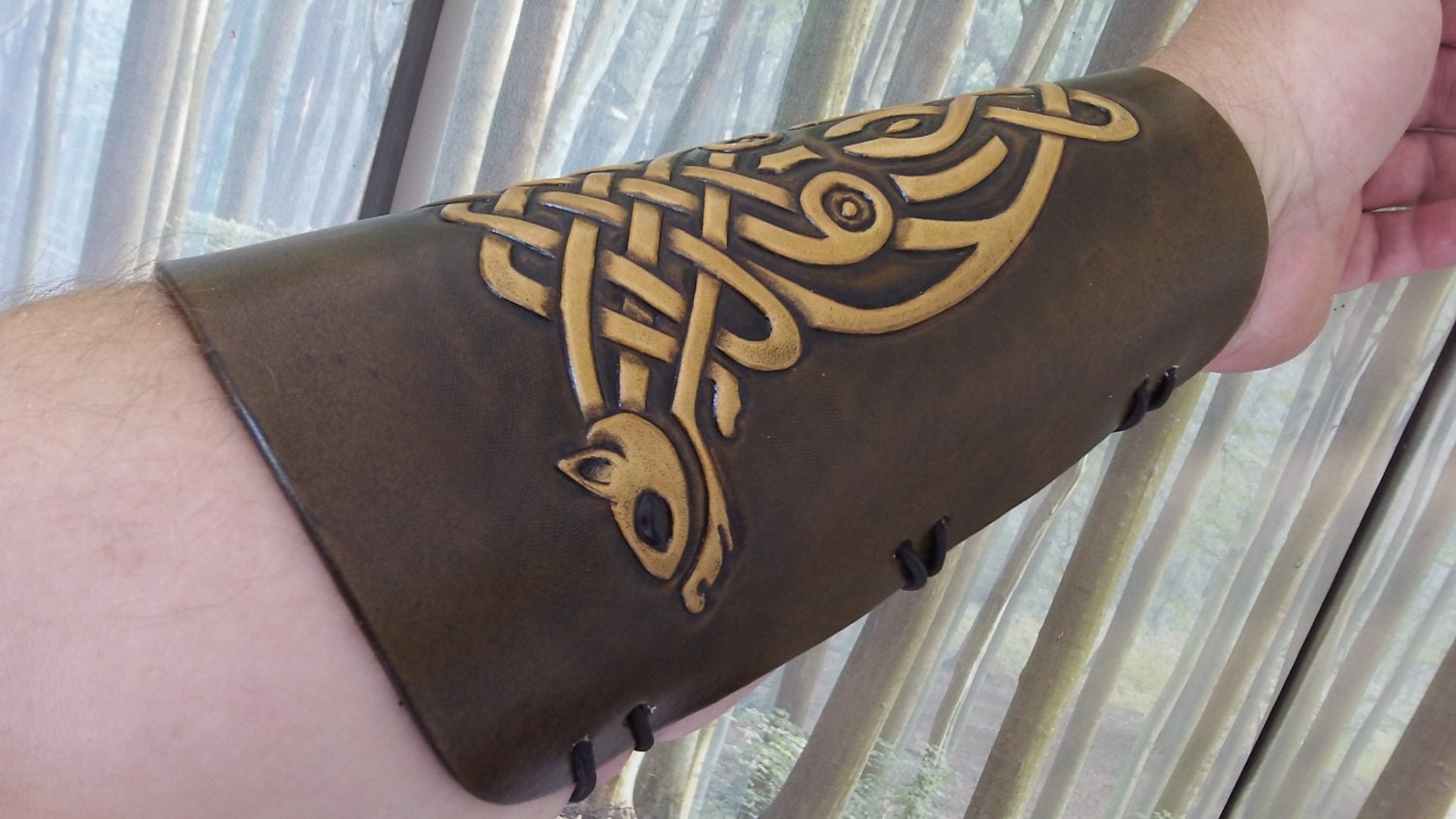 Hand Carved Celtic Beasts Leather Archery Arm Guard Bracer Etsy UK