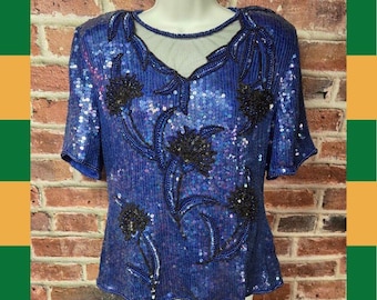 Vintage 80s Stenay Beaded Top – Size Medium – Blue Sequin Floral Silk Blouse – Mesh Neckline – Padded Shoulders – Made in India