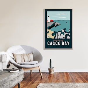 Casco Bay Maine Poster 16"x24" | Vintage Travel Poster | Ocean Poster |  Maine Poster | Portland Head Light | Casco Bay Print | Offset Print