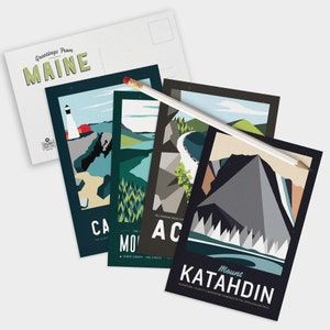 Maine Postcard Set 5&quot;x7&quot; | Maine Print Set | Acadia National Park | Moosehead Lake | Casco Bay | Katahdin | Maine Travel Art