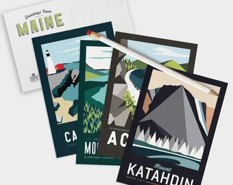Maine Postcard Set 5"x7" | Maine Print Set | Acadia National Park | Moosehead Lake | Casco Bay | Katahdin | Maine Travel Art