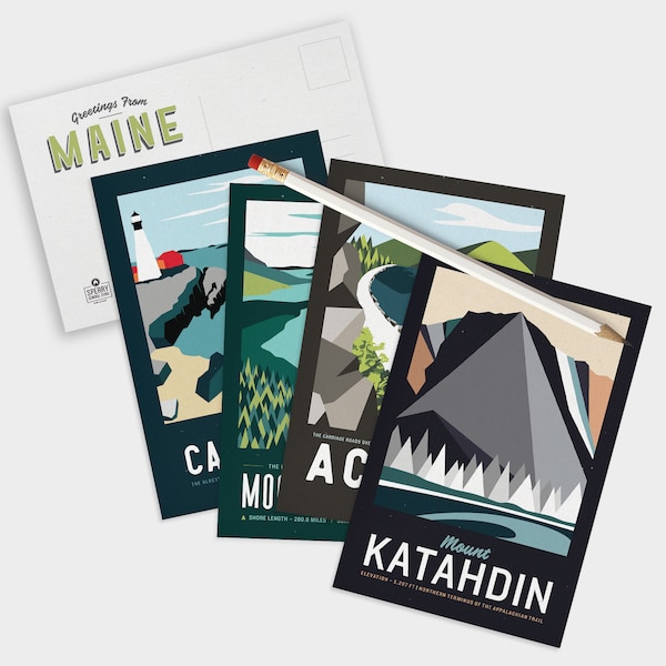 Maine Postcard Set 5"x7" | Maine Print Set | Acadia National Park | Moosehead Lake | Casco Bay | Katahdin | Maine Travel Art