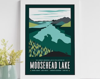 Moosehead Maine Poster | Vintage Travel Poster | Lake Poster | Landscape Poster |  Maine Poster | Moosehead Lake Print | Moosehead Maine