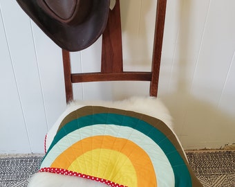 24x32 rainbow hedgehog baby cradle quilt, minky back, super soft, olive, orange, mint, mushrooms, polka dot, free shipping, ready to ship