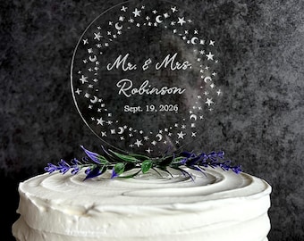 Personalized Wedding Cake Topper | Custom Clear Acrylic Engraved Cake Topper | Celestial Moon & Stars Wedding