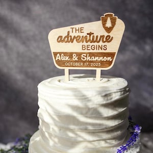 Adventure Begins Wedding Cake Topper, Personalized Wooden Cake Topper, National Park Wedding Decor, Rustic Outdoor Wedding, Custom Name Date
