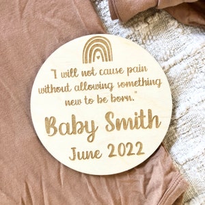 Wooden rainbow baby pregnancy announcement / Isaiah 66:9 / I will not cause pain without allowing something new to be born