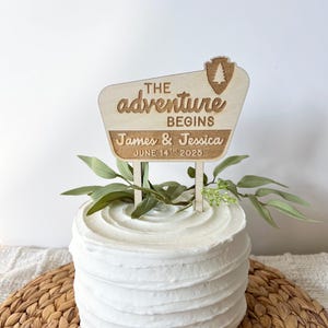 Outdoor themed Custom Wedding Cake Topper | The Adventure Begins | Nature, Mountain, camping themed wedding