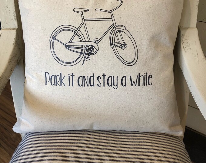 Park it and Stay a while bike throw pillow, Bike pillow, Decorative pillow