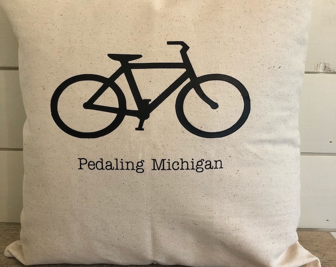 Pedaling Michigan throw pillow, Custom state pillow, Bike pillow