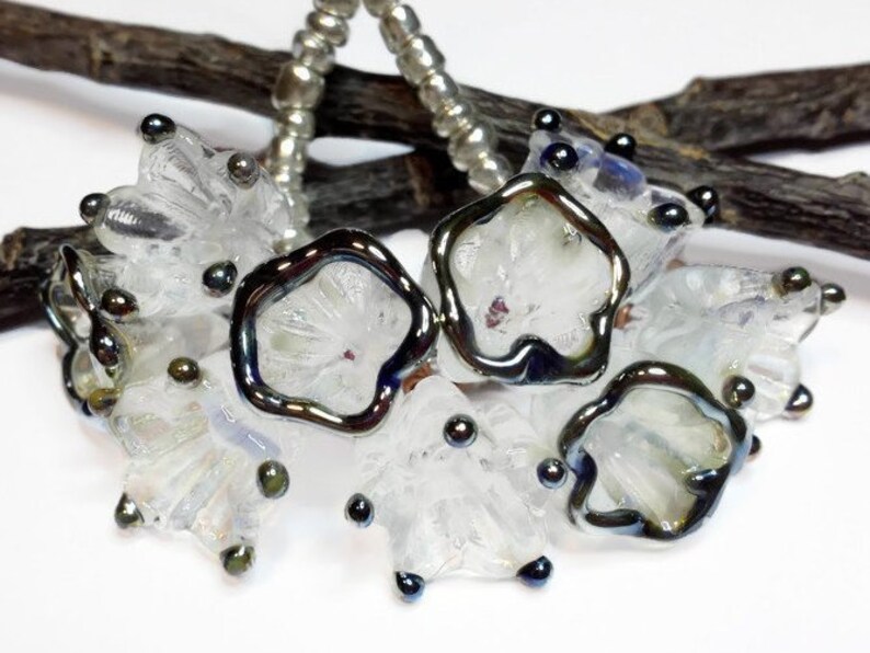 Transparent White Glass Flowers Silver Glass Flower Charms Glass Flower Beads Made to Order 9 Lampwork Glass Charms Bellflower Beads