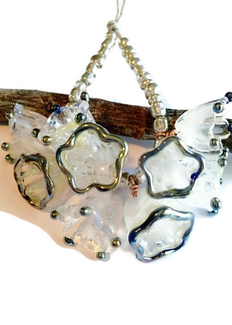 Transparent White Glass Flowers Silver Glass Flower Charms Glass Flower Beads Made to Order 9 Lampwork Glass Charms Bellflower Beads