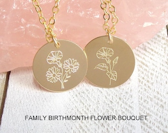 Mothers day gift, Engraved kids birth flower necklace, mom necklace, Personalized mom gift, Flower bouquet Jewelry, Custom family necklace