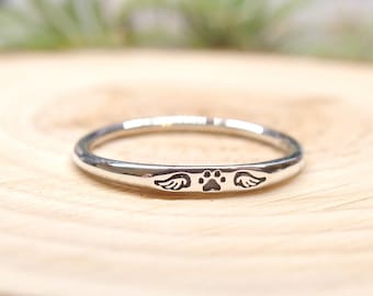 Silver paw print ring, Pet memorial ring, tiny paw ring, Thin stacking rings, Dog Cat paw ring, Memorial gift ring,  angel wings ring