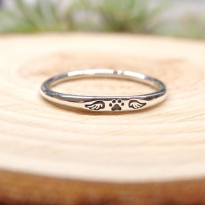 Silver paw print ring, Pet memorial ring, tiny paw ring, Thin stacking rings, Dog Cat paw ring, Memorial gift ring,  angel wings ring