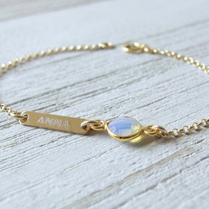Personalized birthday gift, Gold engraved bracelet, Opal bracelet, Thank you gift, Gift for daughter, Gold nameplate bar bracelet