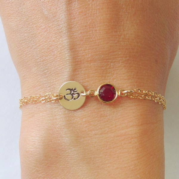 Om bracelet, Ohm bracelet, Personalized Om bracelet, Spiritual jewelry, Yoga jewelry, Gold om jewelry, Birthstone bracelet Om charm bracelet