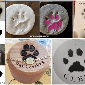 May include: A collection of pet-related images. Features a paw print impression, a pink paw print, a paw print on paper with the name "Cleo", a wooden item with a paw print and the text "Our Lovebug", and a paw print on a circular surface with the name "Cleo".