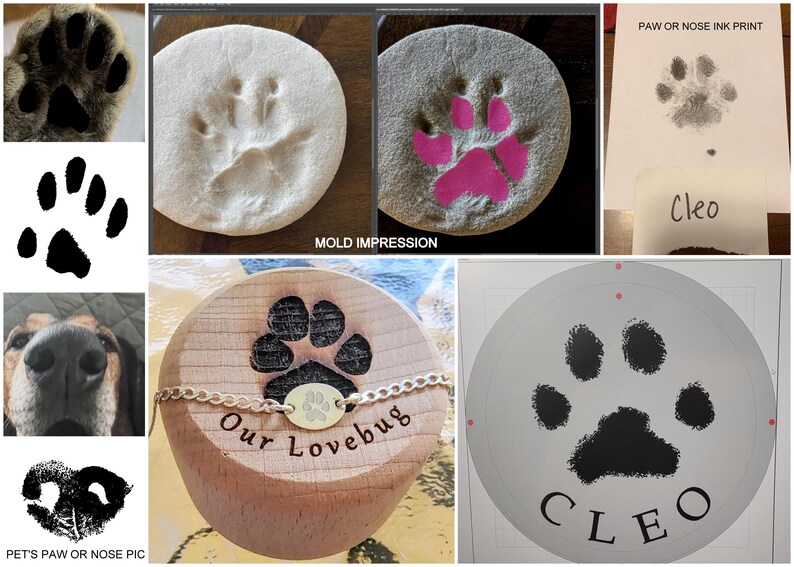 May include: A collection of pet-related images. Features a paw print impression, a pink paw print, a paw print on paper with the name "Cleo", a wooden item with a paw print and the text "Our Lovebug", and a paw print on a circular surface with the name "Cleo".