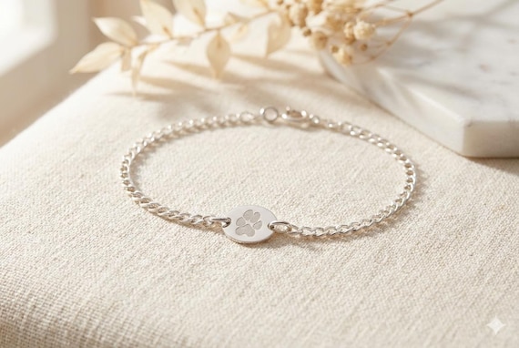 Actual Paw Print Bracelet – Custom Real Pet Paw Print Jewelry – Dainty sterling silver Dog or Cat Memorial Bracelet