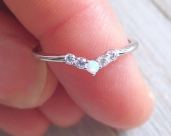 Opal sterling silver Ring, Opal chevron ring, Dainty opal ring, V shape simple opal ring, Gift for friend, Thin stacking rings, Opal CZ ring