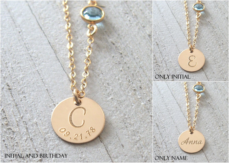 May include: Three gold necklaces with different charms. The first necklace has a round charm with the letter "C" and the date "09.21.78" engraved on it. The second necklace has a round charm with the letter "E" engraved on it. The third necklace has a round charm with the word "Anna" engraved on it.