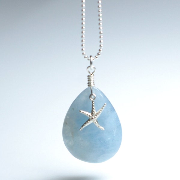 Aquamarine Necklace, Silver aquamarine necklace, Aquamarine pendant, Starfish necklace, Gemstone necklace,