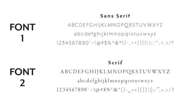 May include: Two font styles are shown, one sans serif and one serif. The sans serif font is labeled "FONT 1" and the serif font is labeled "FONT 2". Both fonts include uppercase and lowercase letters, numbers, and punctuation marks.