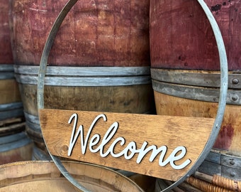 Personalized Wine Barrel Ring Sign, Reclaimed Wine Barrel Ring Rustic Porch Sign