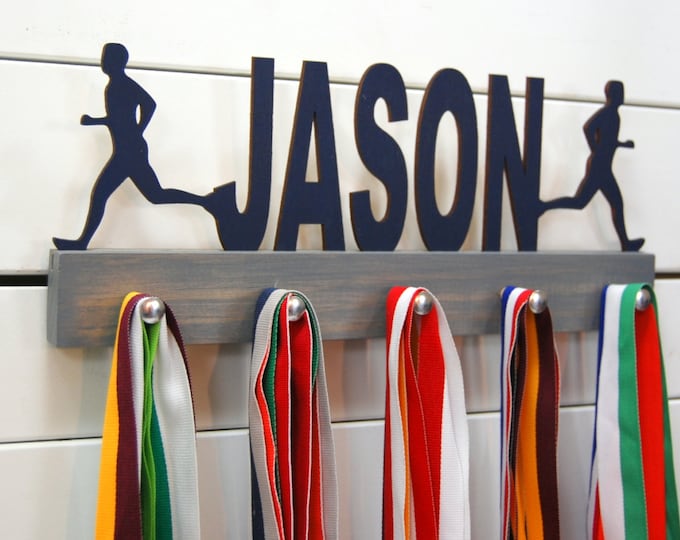 Personalized Runner Boy Silhouette Medal Holder- 12 or 20 inch