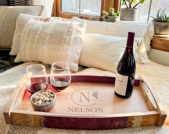 Wine Stave Serving Tray, Personalized Engraved Serving Tray handcrafted from reclaimed Wine Barrel, Wedding, Anniversary, Housewarming Gift