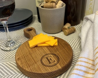 Mini Monogrammed Wine Barrel Charcuterie Board, Personalized Engraved Cheese Board, Reclaimed Wine Barrel Bar Board, Grazing Cheese Board
