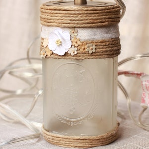 Hanging Mason Jar Lamp w/ Twine and Flower Accents