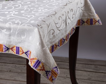 Elegant New Full Size Table Cloth Fine Materials Handmade Unique-Original Design by Artist Yafa Segev 100% Quality & Machine Washable. OOAK