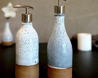 Set of 2 Handmade Ceramic Soap Dispensers | Linen Gray Stoneware Pottery Pumps