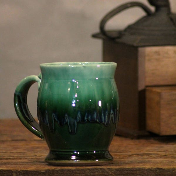 Hand thrown stoneware pottery mug Rainbow Trout green Barrel style