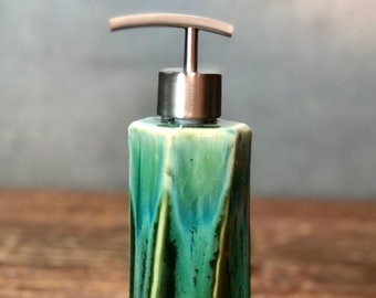 Hand Made Stoneware Soap Lotion Dispenser Pump Rainbow Trout Green Hexagon Style