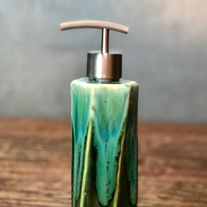 Hand Made Stoneware Soap Lotion Dispenser Pump Rainbow Trout Green Hexagon Style