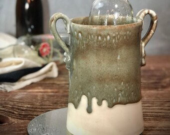 Wine Chiller Utensil White Stone crock Pottery Stoneware Holder