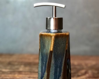 Hand Made Stoneware Soap Lotion Dispenser Pump Volcano Blue Hexagon Style