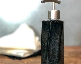 Hand Made Stoneware Soap Lotion Dispenser Pump Tourmaline Black Hexagon Style