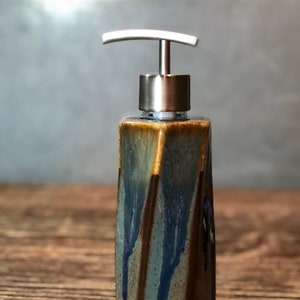 Hand Made Stoneware Soap Lotion Dispenser Pump Volcano Blue Hexagon Style