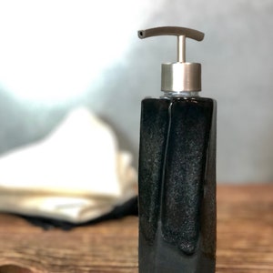 Hand Made Stoneware Soap Lotion Dispenser Pump Tourmaline Black Hexagon Style