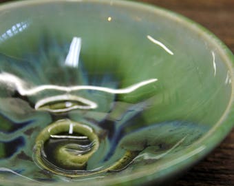 Small Bowl Hand Thrown Stoneware Rainbow Trout Green Turquoise