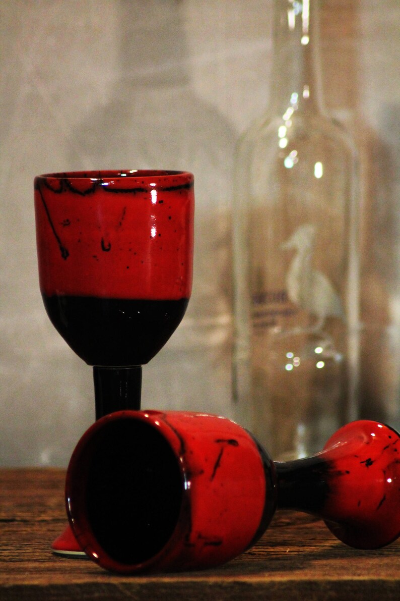 Saigon Red Stoneware Wine Goblets Pottery Handthrown Black image 1