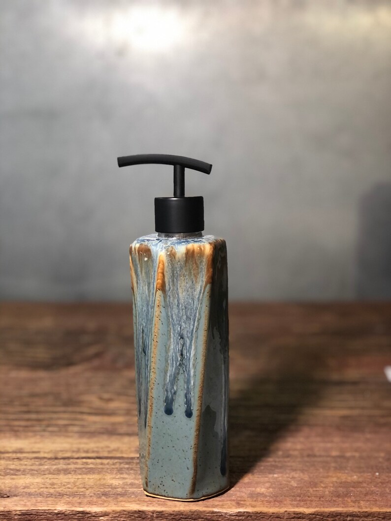 Hand Made Stoneware Soap Lotion Dispenser Pump Volcano Blue Etsy