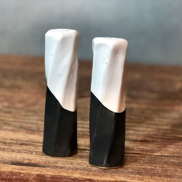 Stoneware pottery Salt and Pepper Shakers set White Black Tall