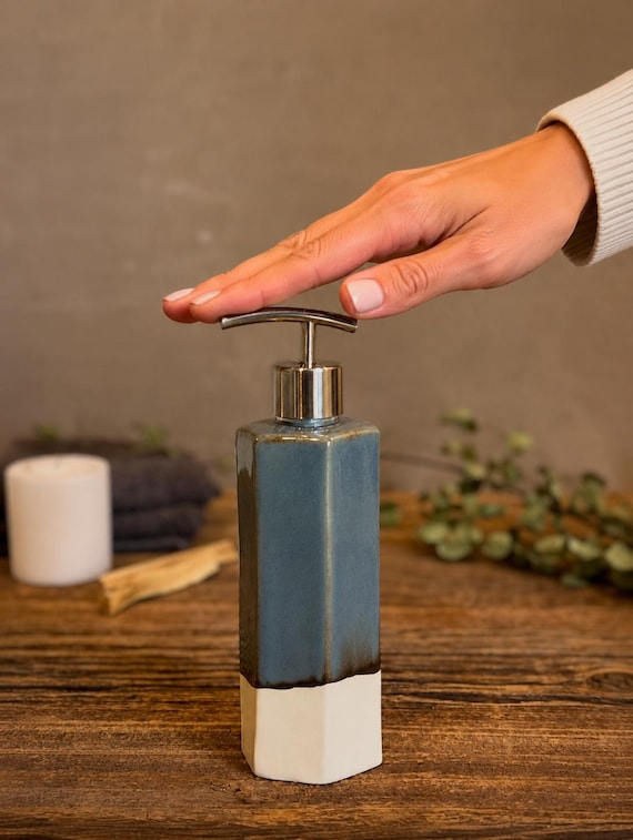 Hand Made Stoneware Soap Lotion Dispenser Pump Riverdrift Blue Faceted Style